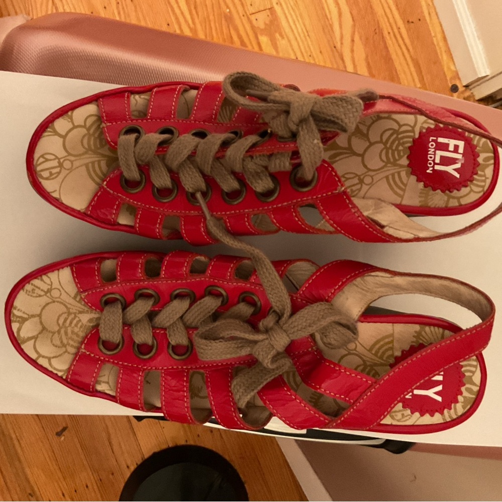 Fly London Red Yito Wedge Platform Lace Up Sandals size 41 US 10
